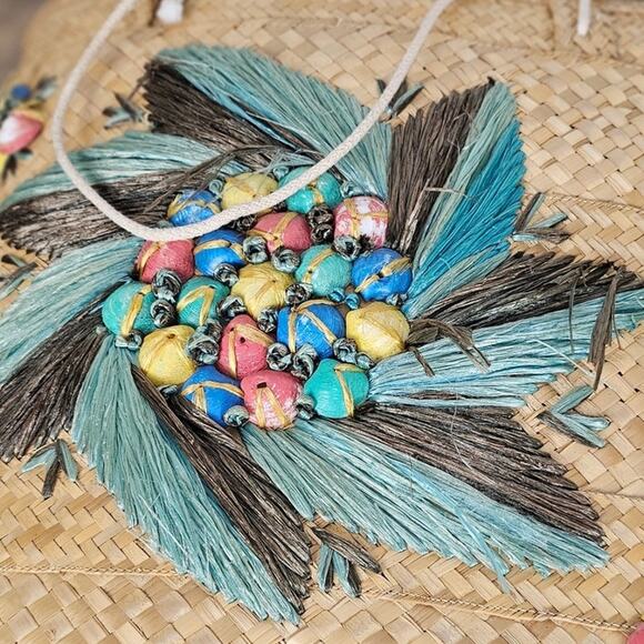 VTG 50s or 60s woven beach bag flat bottom rope handle some frays inside stains - Picture 6 of 11